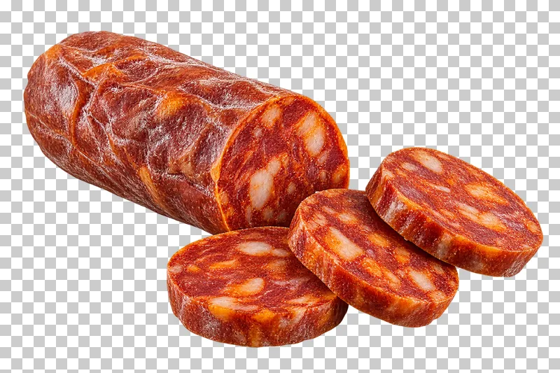 A paprika-red chorizo sausage beside round slices.