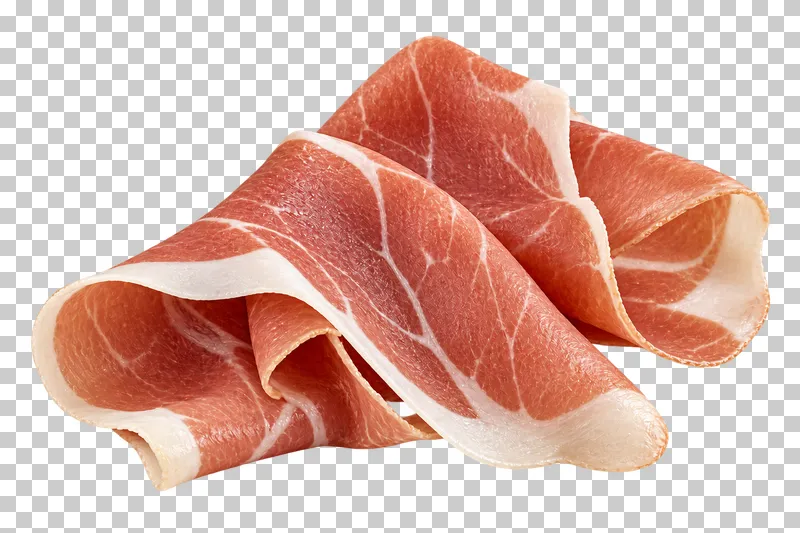 Loose folds of thin pink prosciutto with white fat edges.