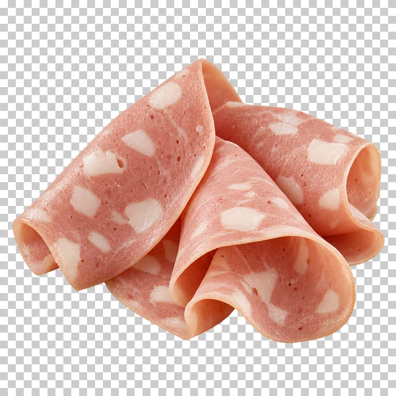 Folded pale-pink mortadella slices with white fat pieces.