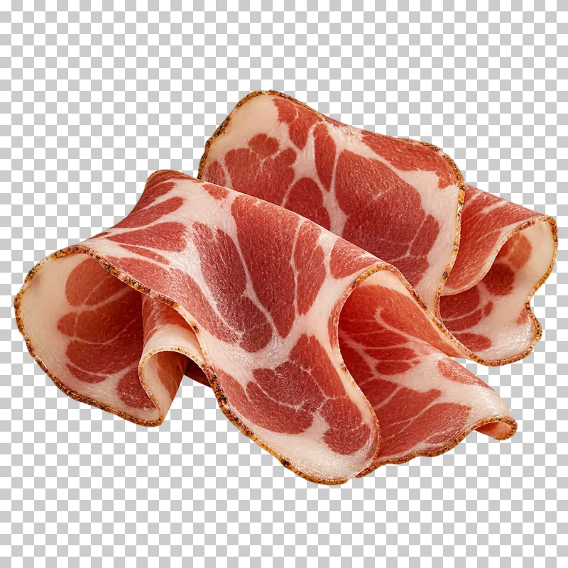 Folded coppa slices with broad white fat marbling.
