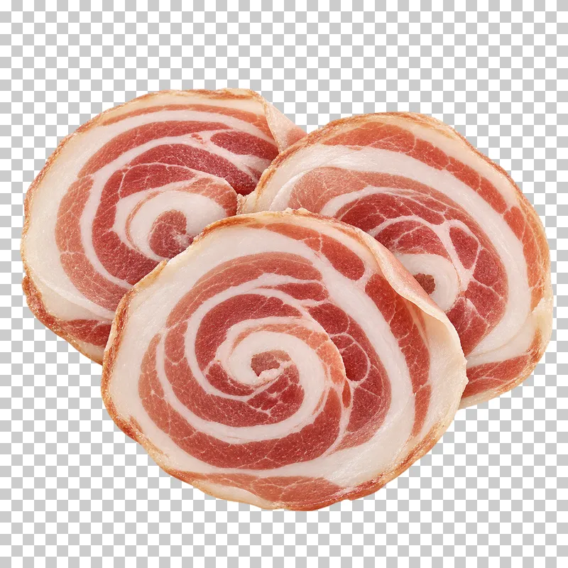 Round pancetta slices showing concentric layers of cured pork belly.