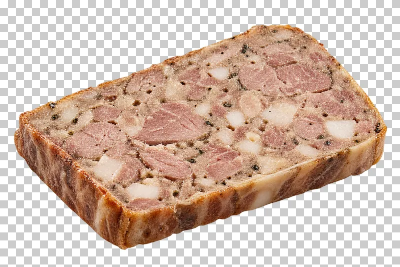 A thick country pate slice with a coarse meat-and-fat cut face.