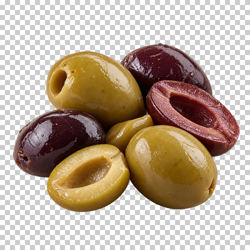 A small portion of whole and halved green and dark olives.