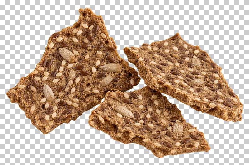Broken seeded crispbread pieces with rough angular edges.