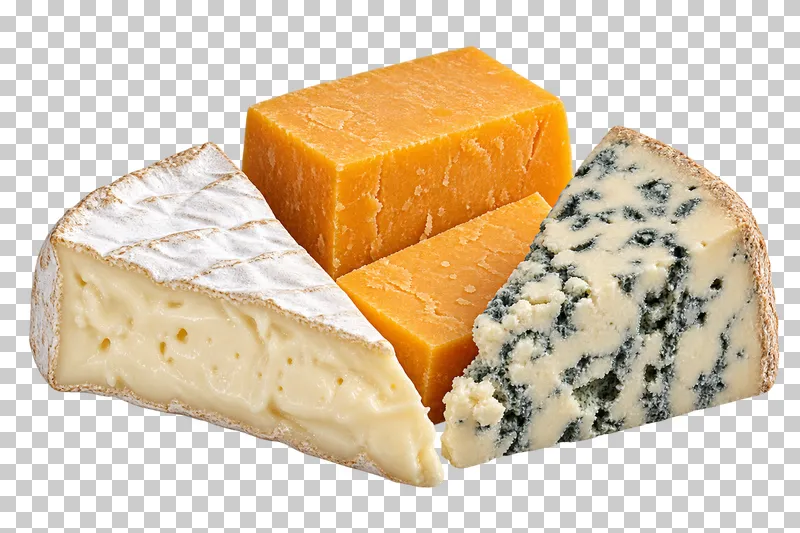 Brie, cheddar and blue cheese arranged together without a board.
