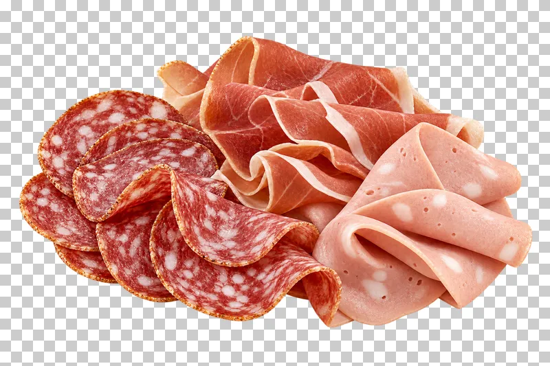 Salami, prosciutto and mortadella arranged together without a board.