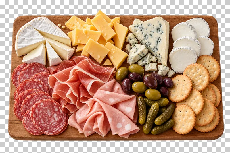 A high-angle, near-overhead wooden grazing board with cheeses, cured meats, olives, cornichons and crackers.