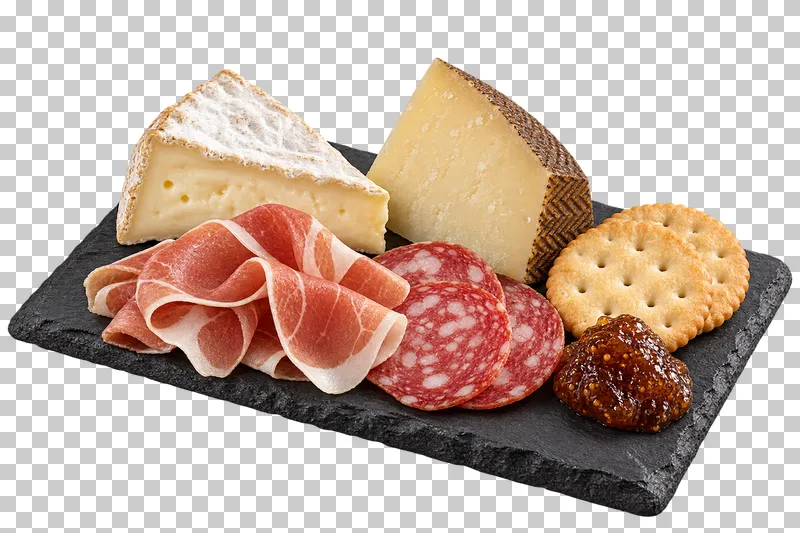 A small slate with Brie, Manchego, prosciutto, salami, crackers and fig jam.