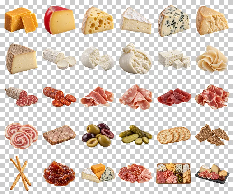Cheese and Charcuterie Photo PNG Collection: all 30 elements in one grid