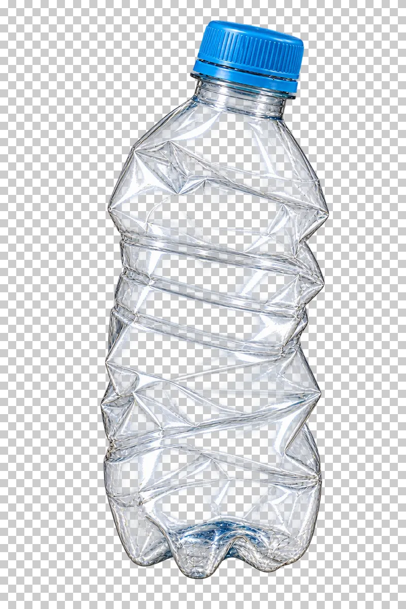 Crushed clear drinks bottle with attached cap.