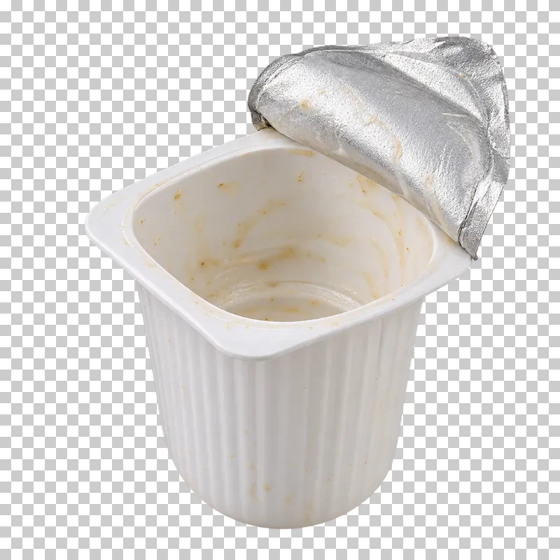 Empty yogurt pot with partly peeled foil lid.