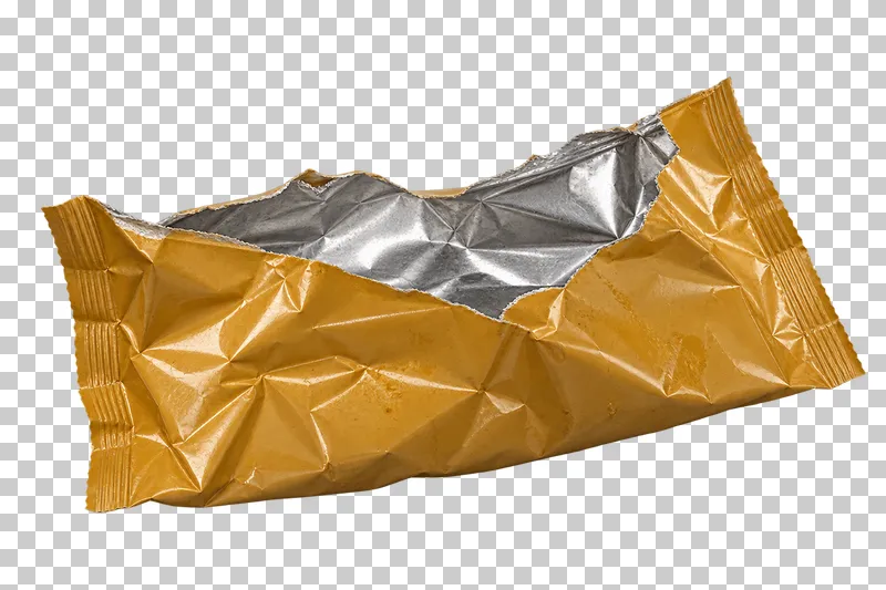 Open crinkled snack wrapper with silver lining.