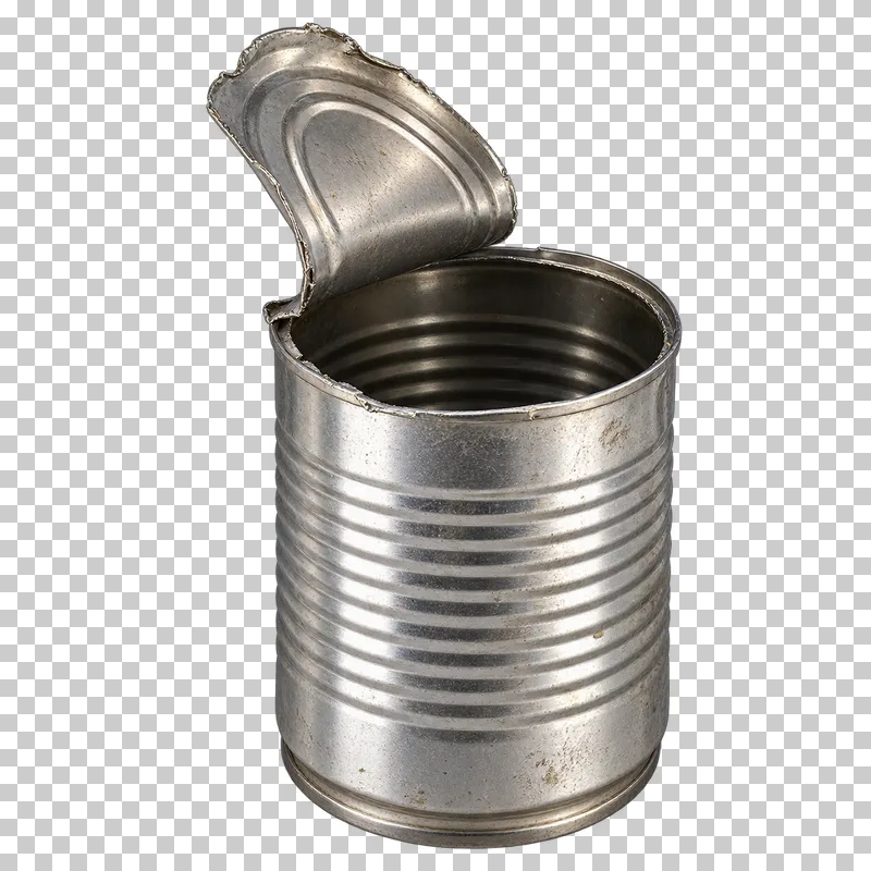 Open empty steel food tin with attached bent lid.