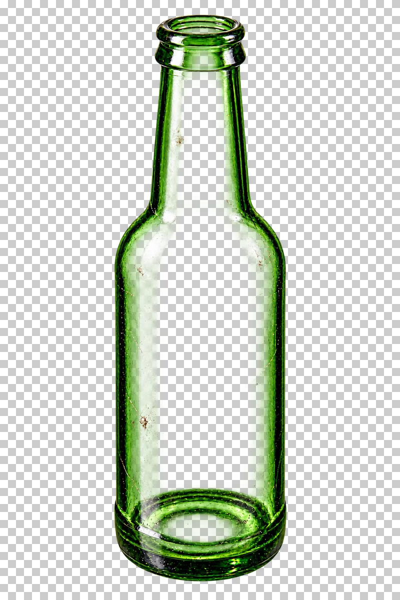 Empty unlabelled green glass bottle.