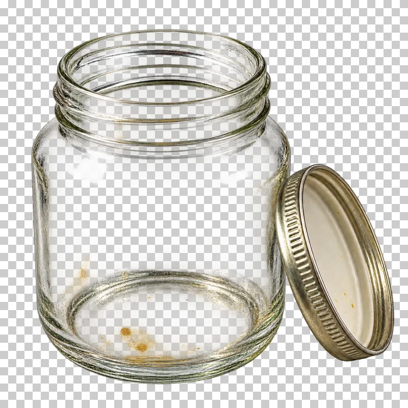 Empty clear food jar with detached metal lid.