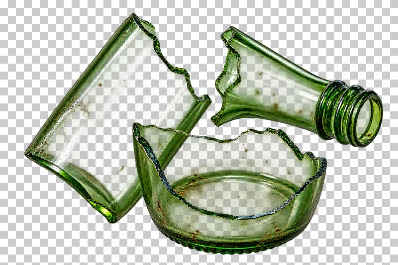 Broken green bottle with detached neck and base.