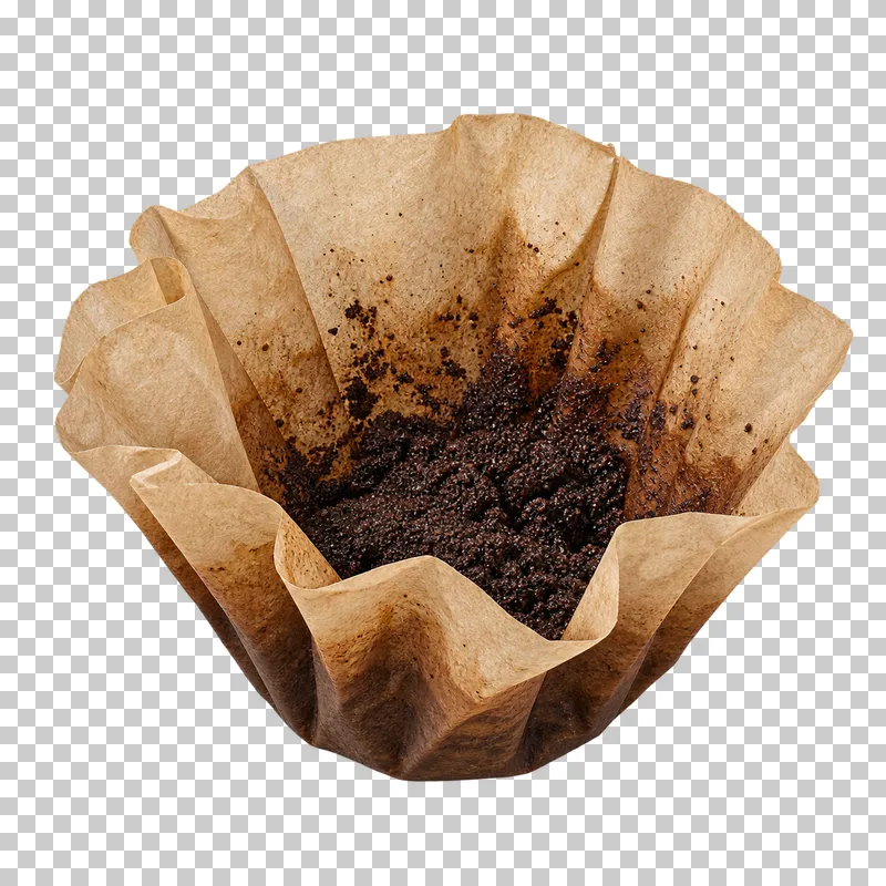Collapsed used coffee filter holding wet grounds.
