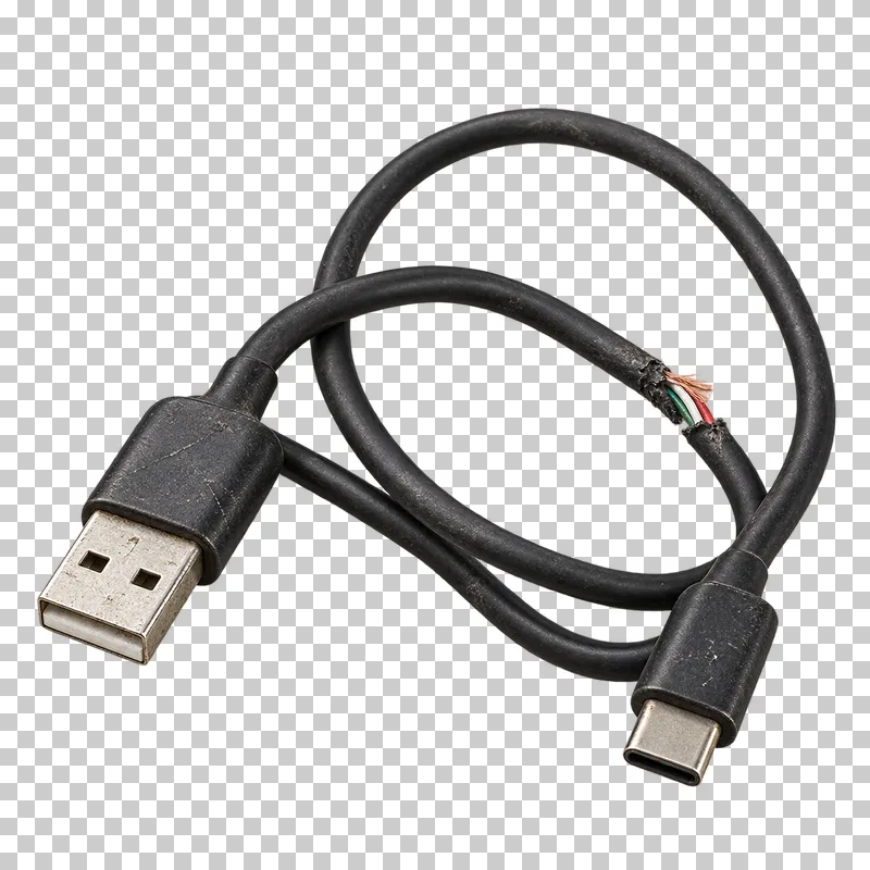 Tangled frayed USB charging cable.
