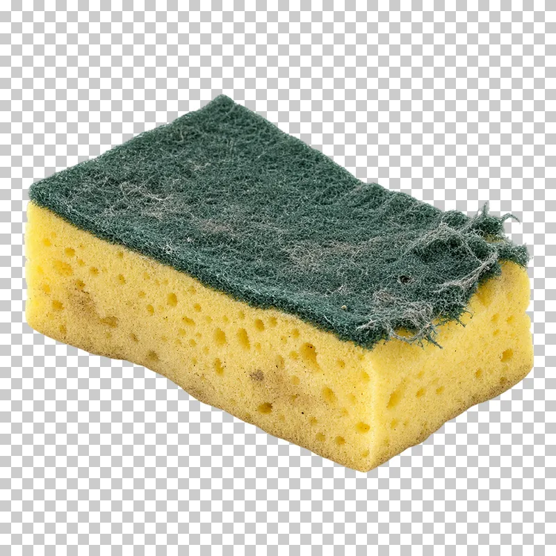 Worn kitchen sponge with ragged abrasive layer.