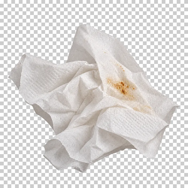Crumpled used paper napkin with a food stain.
