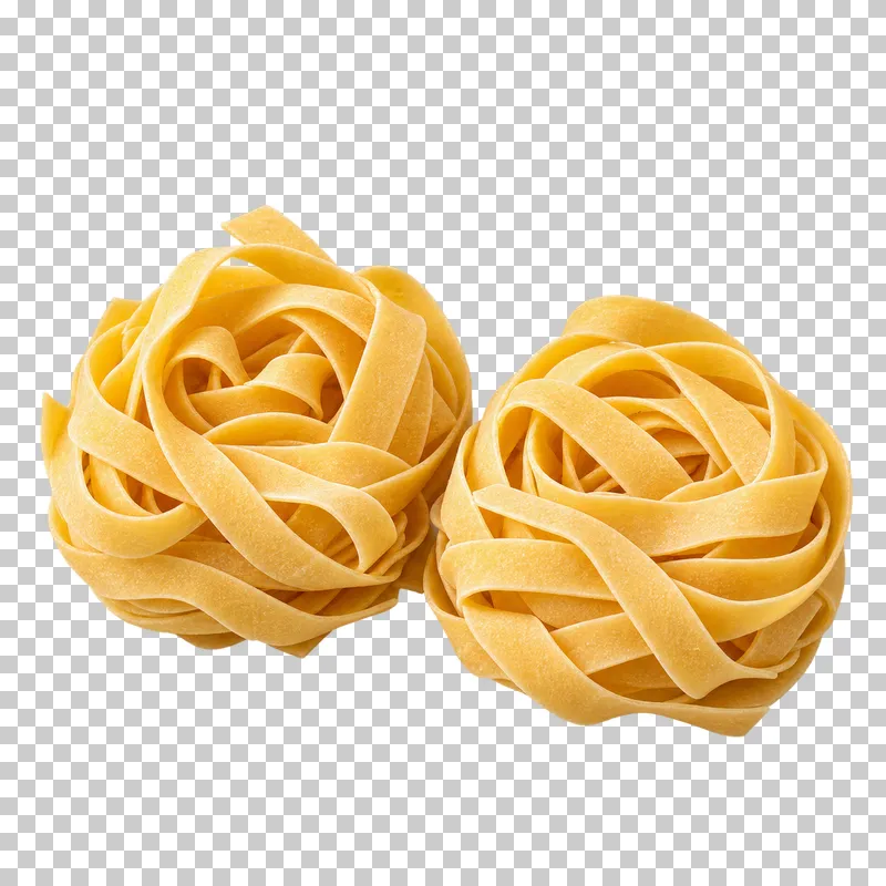 Two nests of dried ribbon-shaped tagliatelle pasta.