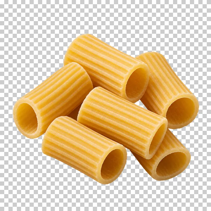 A compact group of dry rigatoni with wide ridged tubes.