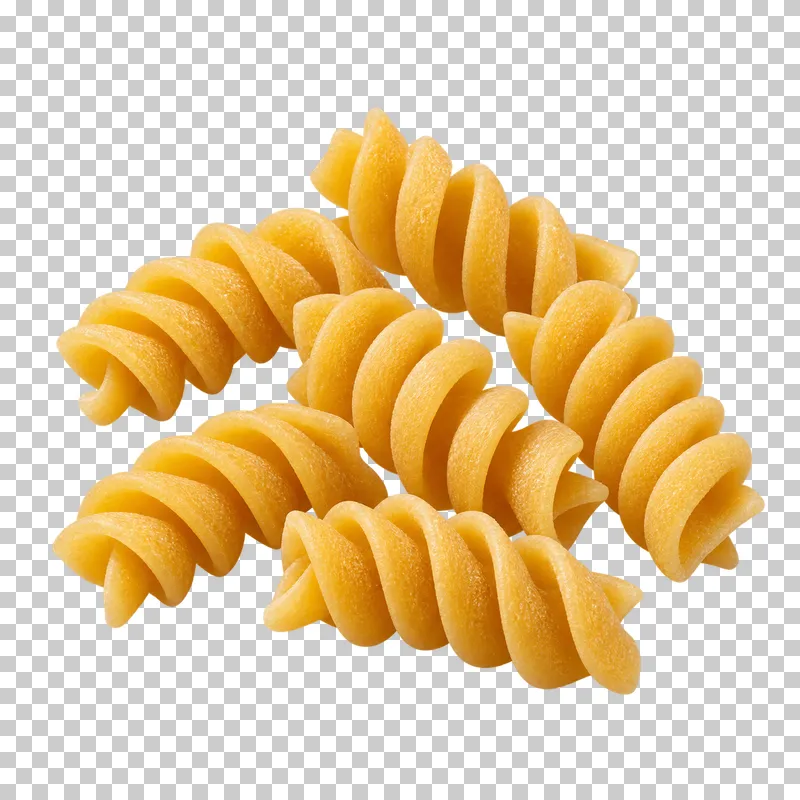 A compact group of dry spiral-shaped fusilli pasta.