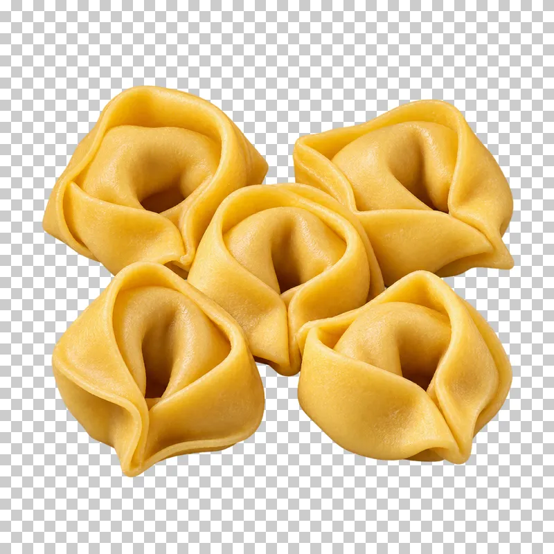 A compact group of fresh ring-shaped tortellini pasta.
