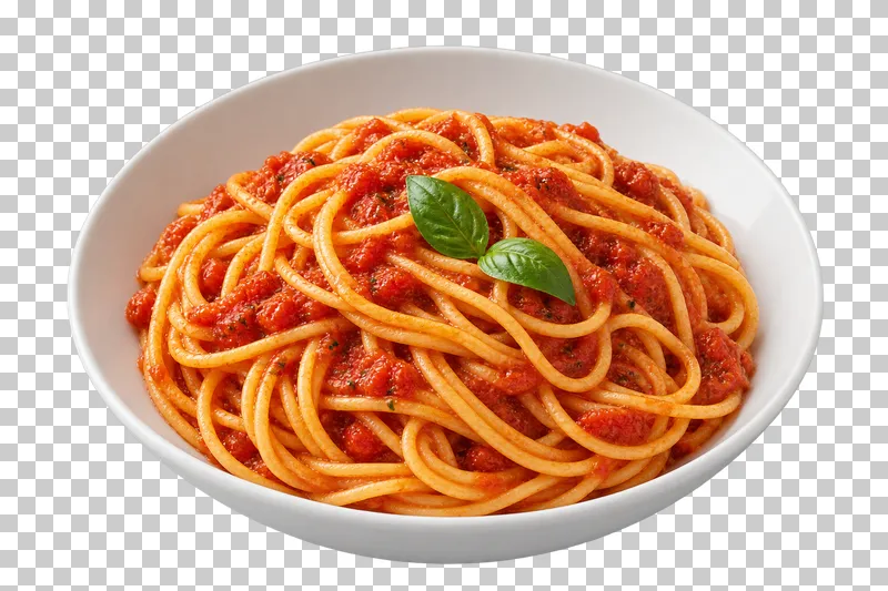 Spaghetti with tomato sauce and basil in a white ceramic bowl.