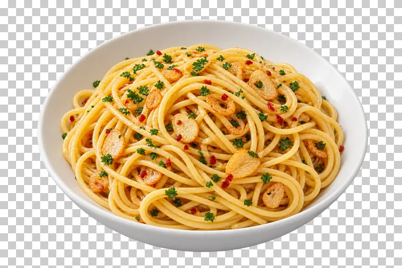 Spaghetti with garlic, chili and olive oil in a white ceramic bowl.