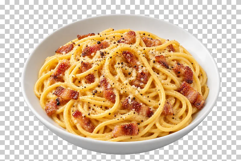 Spaghetti carbonara with guanciale and black pepper in a white ceramic bowl.