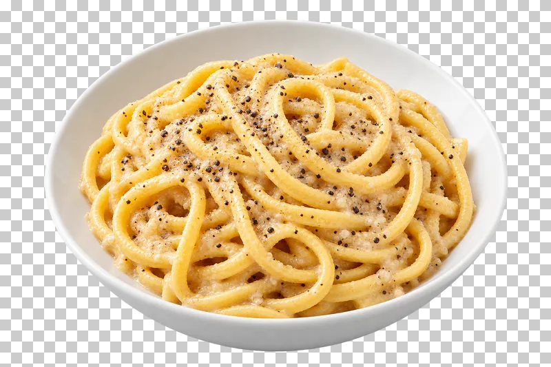 Tonnarelli with cheese and black pepper in a white ceramic bowl.