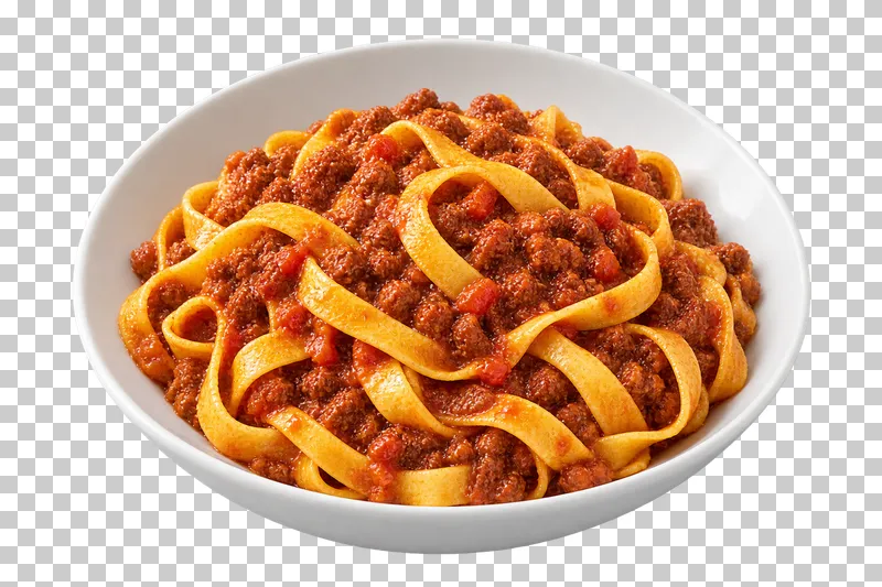 Tagliatelle with Bolognese meat sauce in a white ceramic bowl.
