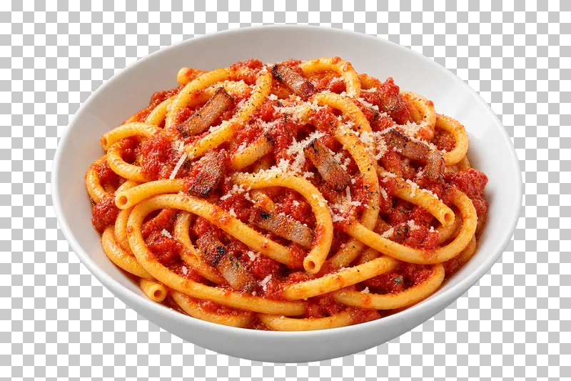Bucatini with tomato sauce and guanciale in a white ceramic bowl.
