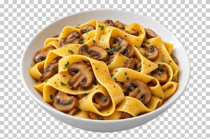 Pappardelle with mushrooms in a white ceramic bowl.