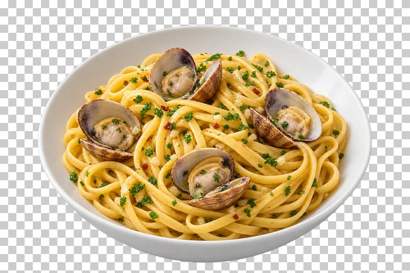 Linguine with clams in their shells in a white ceramic bowl.