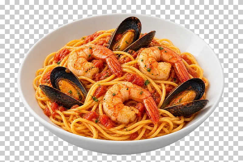 Tagliolini with shrimp and mussels in a white ceramic bowl.