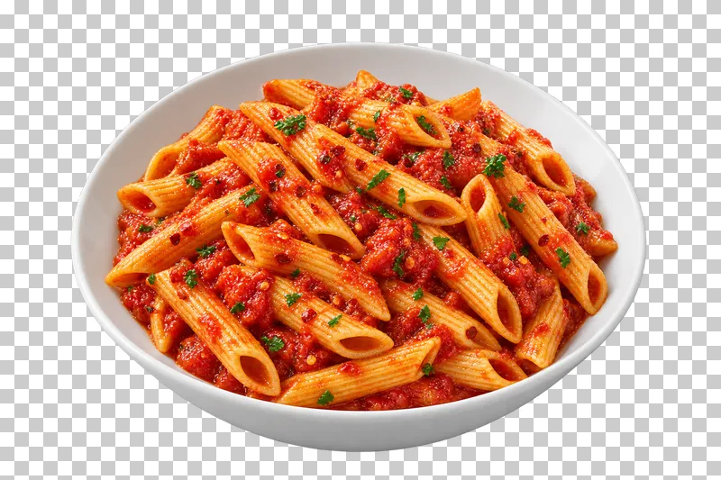 Penne with tomato and chili sauce in a white ceramic bowl.
