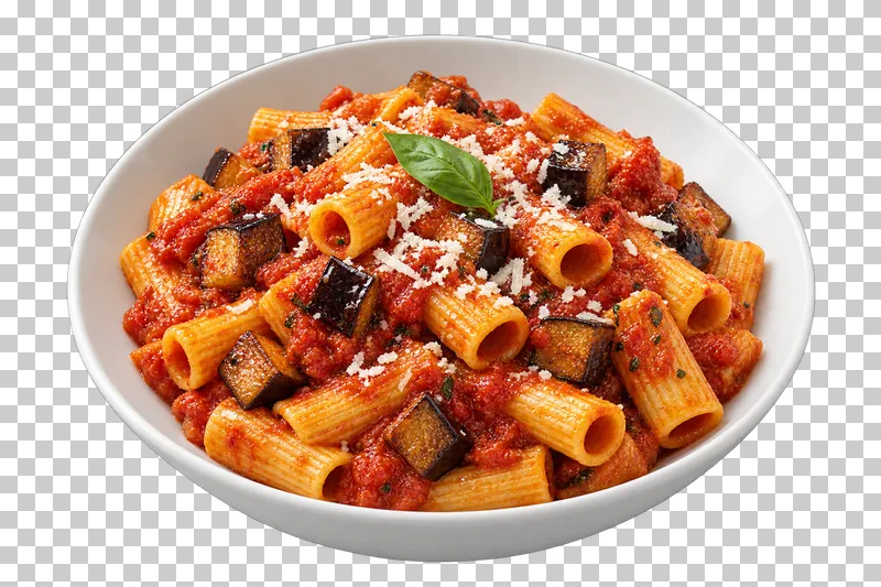 Rigatoni with tomato, eggplant and ricotta salata in a white ceramic bowl.