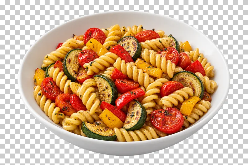Fusilli with roasted zucchini, peppers and tomatoes in a white ceramic bowl.