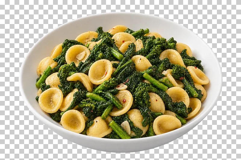 Orecchiette with broccoli rabe in a white ceramic bowl.