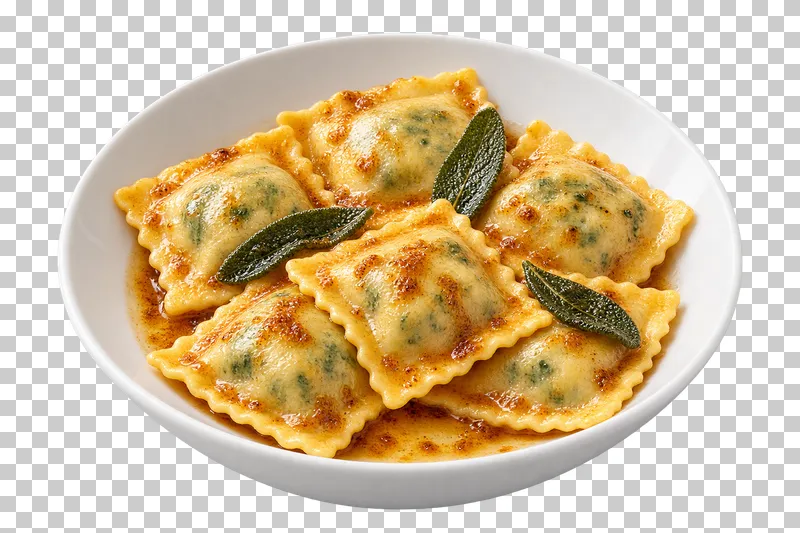Spinach and ricotta ravioli with sage butter in a white ceramic bowl.