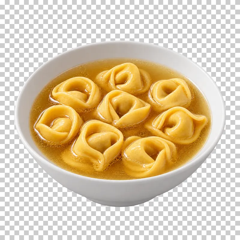 Tortellini in clear broth in a white ceramic bowl.
