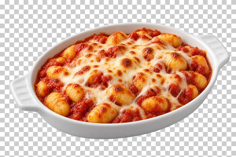Baked potato gnocchi with tomato sauce and mozzarella in a white ceramic baking dish.