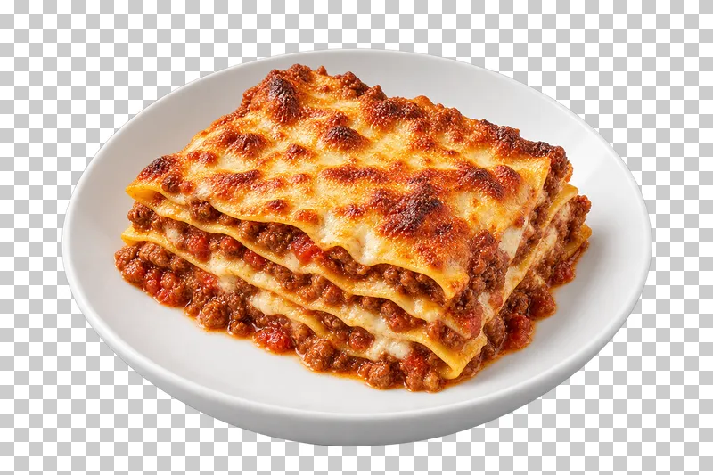 A rectangular portion of lasagna Bolognese on a white ceramic plate.