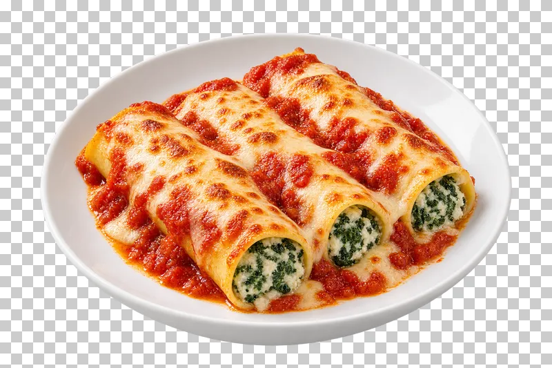 Spinach and ricotta cannelloni with tomato sauce and bechamel on a white ceramic plate.