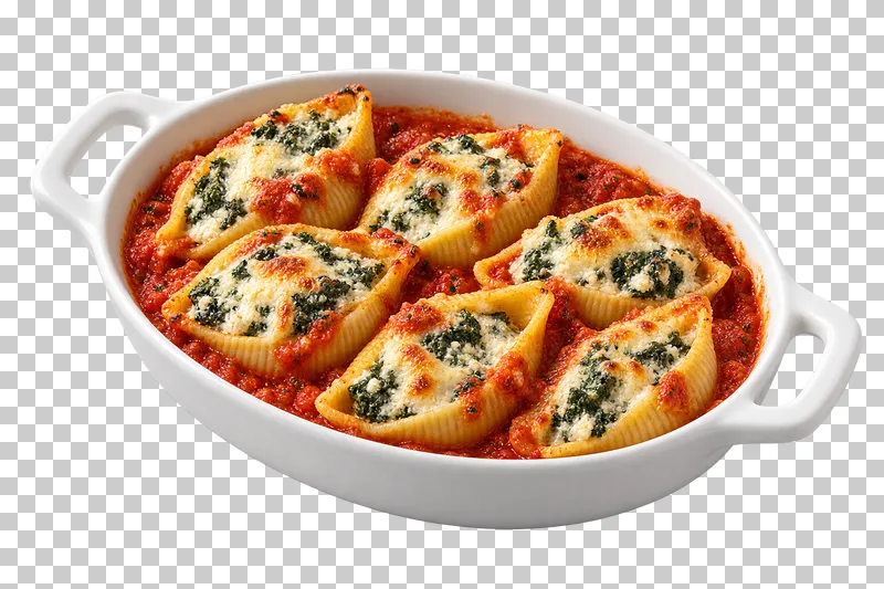 Baked conchiglioni filled with ricotta and spinach in a white ceramic baking dish.