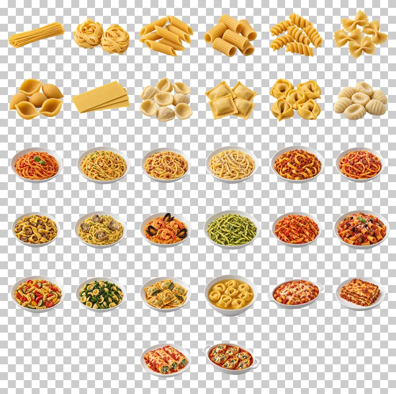 Pasta Shapes and Dishes Photo PNG Collection: all 32 elements in one grid