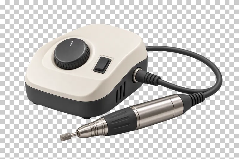 An electric nail-file controller connected by a black cable to a steel handpiece.