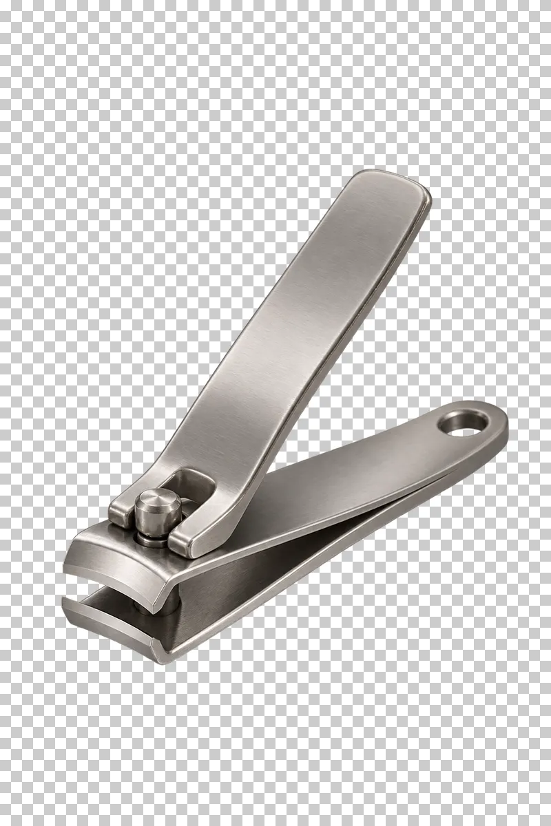 Stainless steel fingernail clippers with the lever raised.